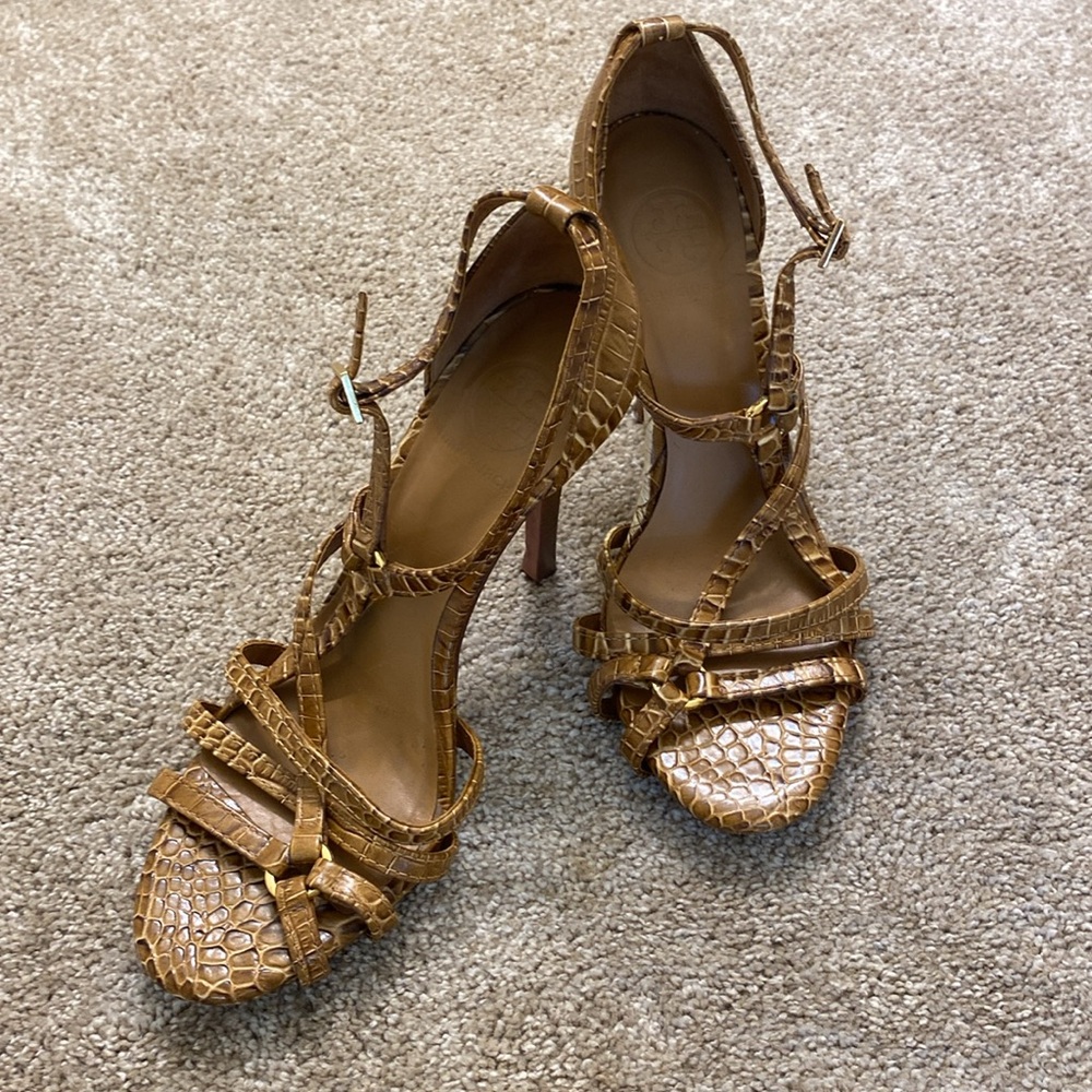 TORY BURCH ELIZABELLA REAL LEATHER STRAPPY CROCODILE STILETTOS - Picture 2 of 10